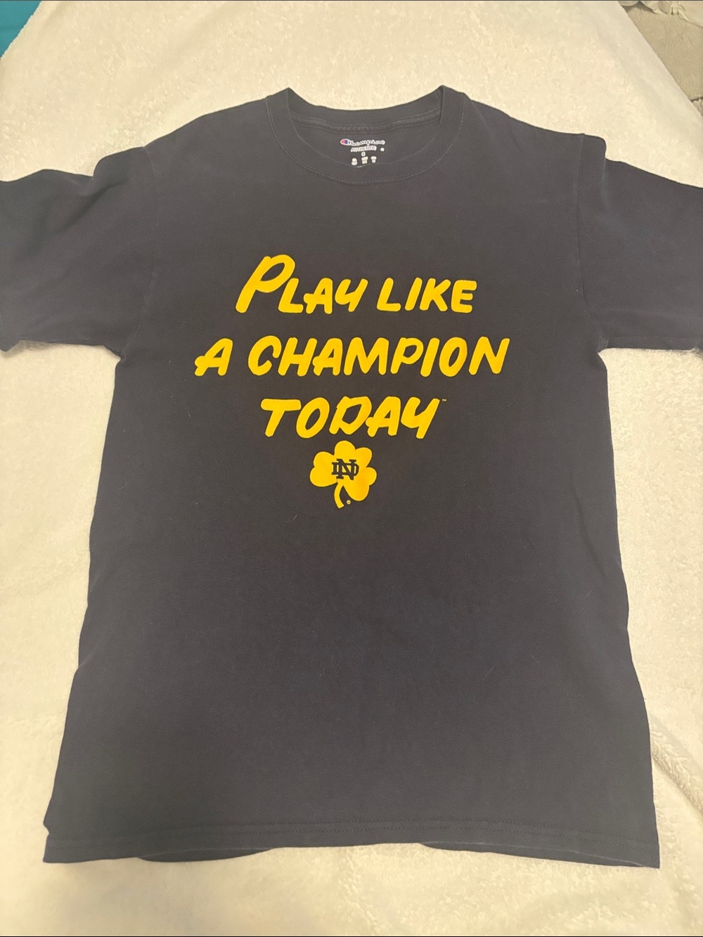 Champion Navy Tee with Yellow 'Play Like A Champion Today' Graphic